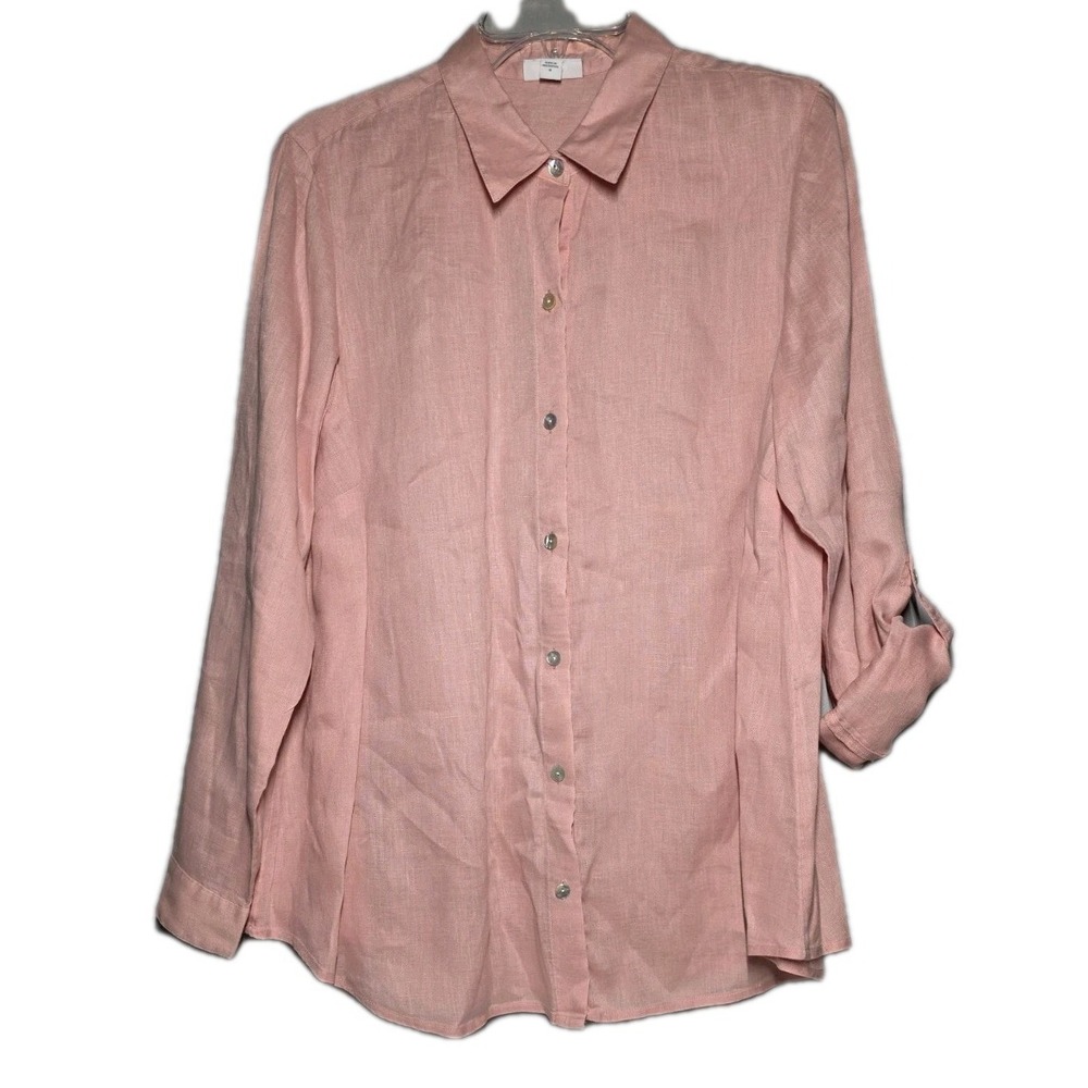 J. Jill Love Linen Size Medium Pink Roll Tab Long Sleeves Shirt Top Tunic Costal